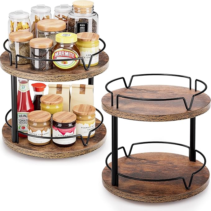 2 Pack 2 Tier Lazy Susan Organizer Wooden Rotating Spice Rack Spice Rack for Countertop 2 Tier Spice Turntable Organizer for Kitchen Countertop and Cabinet Compact and Versatile, Rustic Brown