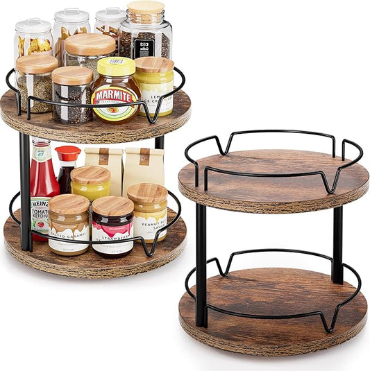 2 Pack 2 Tier Lazy Susan Organizer Wooden Rotating Spice Rack Spice Rack for Countertop 2 Tier Spice Turntable Organizer for Kitchen Countertop and Cabinet Compact and Versatile, Rustic Brown
