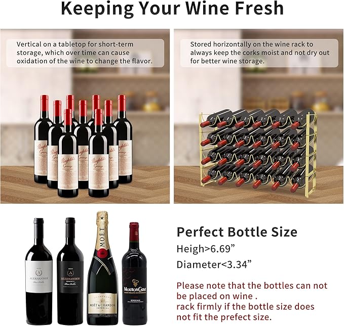 TONLEA 4 Tier Wine Rack, 3-in-1 24 Bottles Wine Storage, Wine Bottle Rack Stackable, Wine Storage Rack for Cabinet Pantry(Gold, Version 3.0)