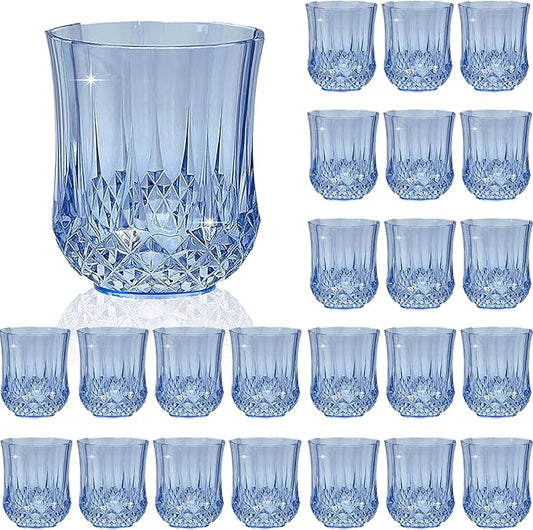 24 PCS Blue Stemless Wine Glasses，Plastic Reusable Cups 9OZ Vintage Drinking Glasses Tumblers for Whisky, Beer, Juice, Beverages, Cocktai