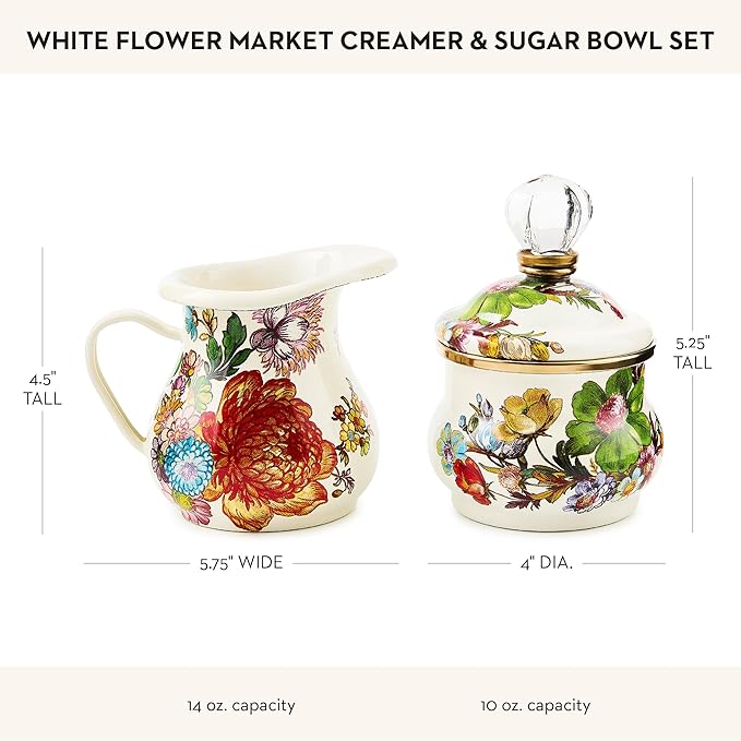 MACKENZIE-CHILDS Enamel Creamer and Sugar-Bowl Set, Cream Dispenser and Sugar Holder, Unique Kitchen Decor, White Flower Market