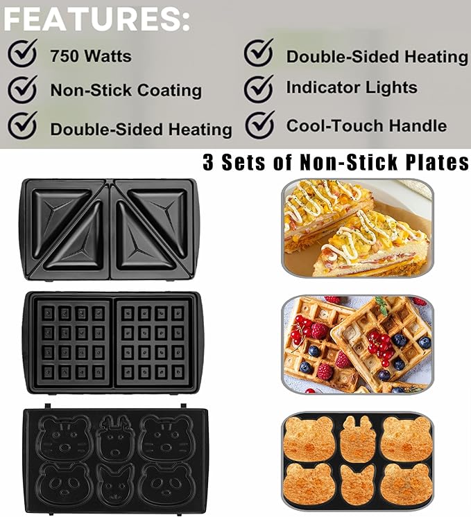 3-in-1 Sandwich,Waffle & Cute Animal Pancake Maker,Multifunctional Breakfast Machine Set with Removable Panel Non-Stick Plates for Grilled Cheese,Tuna Melts,Burgers,Steaks and Snacks,Home,Commercial