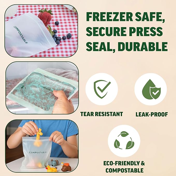 Zenlogy Home Compostable Resealable Sandwich Bags (7"x7"), Microwave & Freezer Safe, Organic Food Storage Container, 100 Count