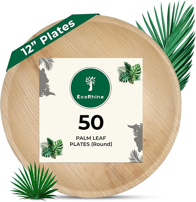 Palm Leaf Disposable Plates - Bamboo Plates Disposable 12 Inch Round (50pc) - 100% Compostable & Biodegradable Plastic-Free Plates - Heavy-Duty, Party Dinnerware Set - Microwave & Oven Safe