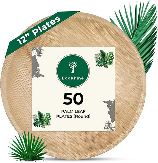 Palm Leaf Disposable Plates - Bamboo Plates Disposable 12 Inch Round (50pc) - 100% Compostable & Biodegradable Plastic-Free Plates - Heavy-Duty, Party Dinnerware Set - Microwave & Oven Safe