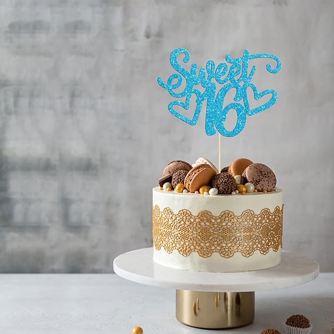 Gyufise 1Pc Sweet Teenager 16 Cake Topper Glitter 16th Birthday Cake Pick for Cheers to 16 Years Old 16th Birthday Party Cake Decorations Supplies Light Blue