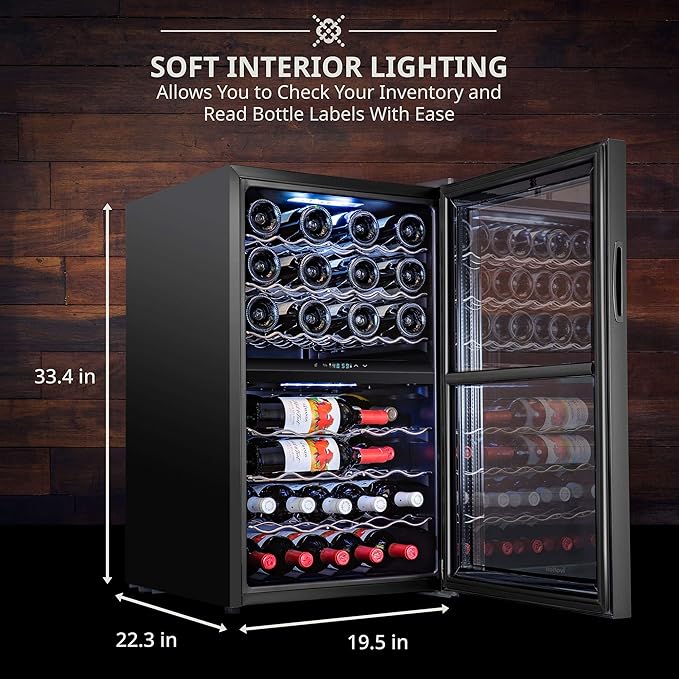 Ivation 43 Bottle Dual Zone Wine Cooler Refrigerator w/Lock | Large Freestanding Wine Cellar For Red, White, Champagne & Sparkling Wine | 41f-64f Digital Temperature Control Fridge Glass Door Black