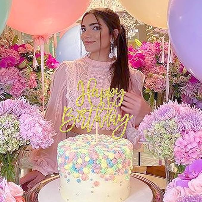 ZHUOWEISM 1 PCS Gold Happy Birthday & Anniversary Cake Topper