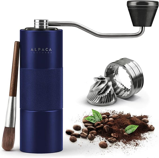 Manual Coffee Grinder by Alpaca Ventures - Stainless Steel Conical Burr Coffee Grinder Manual with Adjustable Setting Double Bearing Hand Espresso Grinder Perfect for Home, Office and Camping