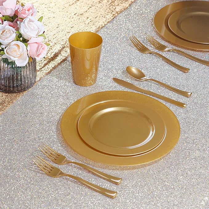I00000 102 Pieces Solid Gold Disposable Plates, Gold Plastic Plates Premium Plastic Party Plates Includes: 51 Dinner Plate 10.25 Inch and 51 Salad/Dessert Plate 7.5 Inch for Wedding & Party
