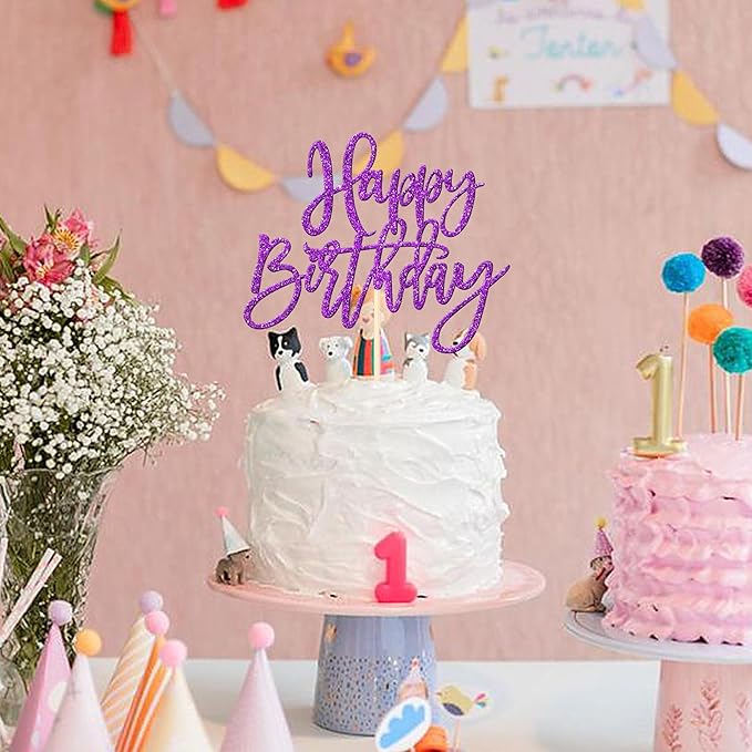 ZHUOWEISM 1 PCS Happy Birthday Cake Topper Glitter Happy Birthday Cake Pick for Celebrating Happy Birthday Anniversary Theme Party Cake Decorations Supplies Purple