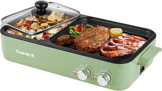 Topwit Hot Pot Electric with Grill, 2 in 1 Indoor Non-Stick Electric Pot and Griddle for Korean BBQ, Steaks, Shabu Shabu and Noodles, Independent Dual Temperature Control, Fast Heating, Green