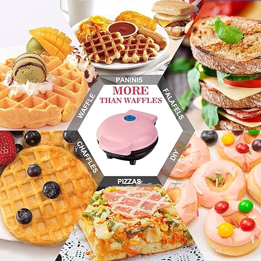 Mini Maker Waffle Maker 5“ Non-Stick Waffler Iron Stuffler Stuffed Wafflera Adjustable Browning Control, Heart, Pink