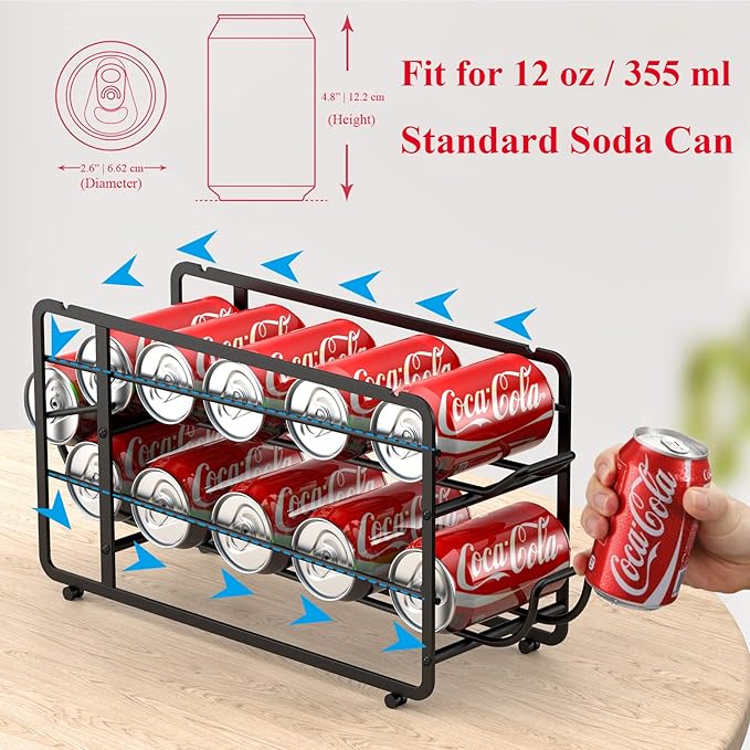 Soda Can Organizer Storage Rack, 2 Pack Stackable Beverage Soda Can Dispenser Organizer Holder for Refrigerator, Cabinet, Pantry (Black)