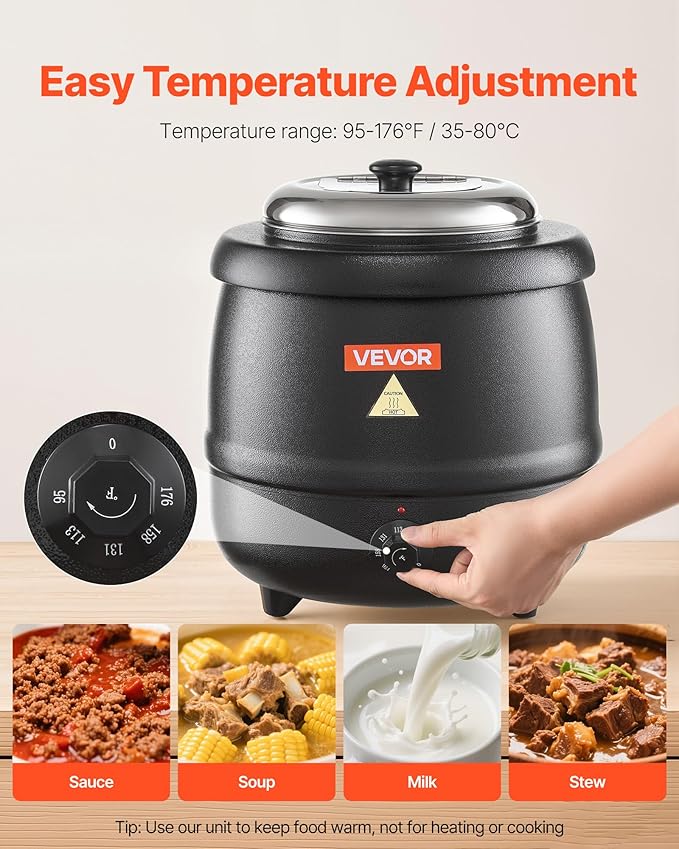 VEVOR Electric Soup Warmer, 10QT Commercial Soup Kettle with 304 Stainless Steel Detachable Insert Pot, 95~176°F Adjustable Temperature, Soup Station for Restaurant and Big Family, Black