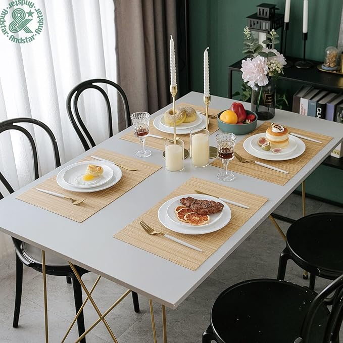 ANDSTAR Bamboo Placemats Set of 8 Waterproof - 12x18 Inch Reusable Table Mats for Dining, Eco-Friendly Heat Resistant Dishwasher Safe Kitchen Decor, Farmhouse Style Home Gift (Natural Color)
