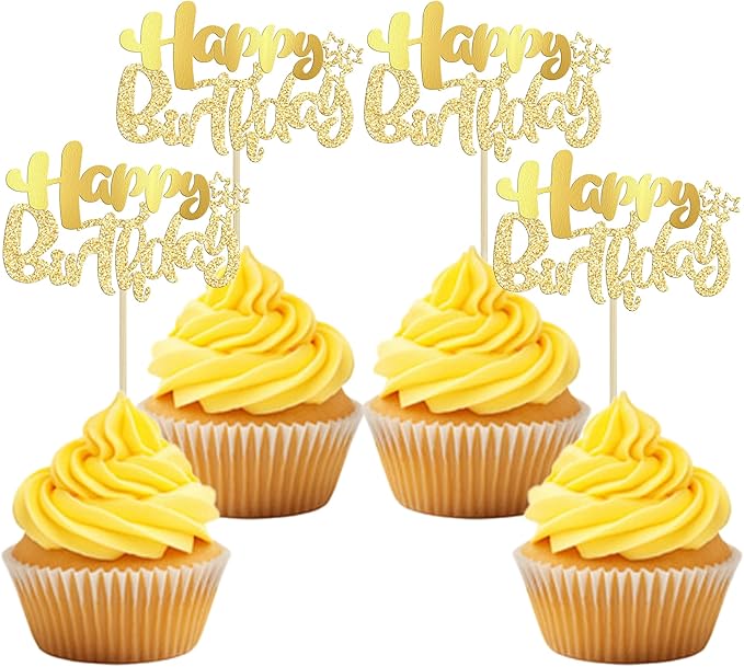 Ephlyn 24Pcs Gold Metallic Happy Birthday Cupcake Toppers for Birthday, Baby Shower & Anniversary Parties