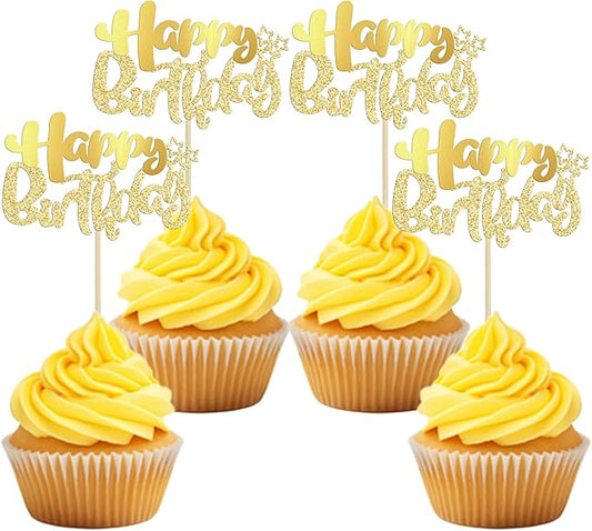 Ephlyn 24Pcs Gold Metallic Happy Birthday Cupcake Toppers for Birthday, Baby Shower & Anniversary Parties