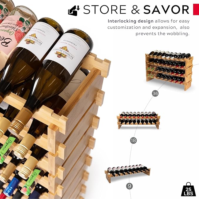 DECOMIL - 72 Bottle Stackable Modular Wine Rack Wine Storage Rack Solid Bamboo Wine Holder Display Shelves, Wobble-Free (Eight-Tier, 72 Bottle Capacity)