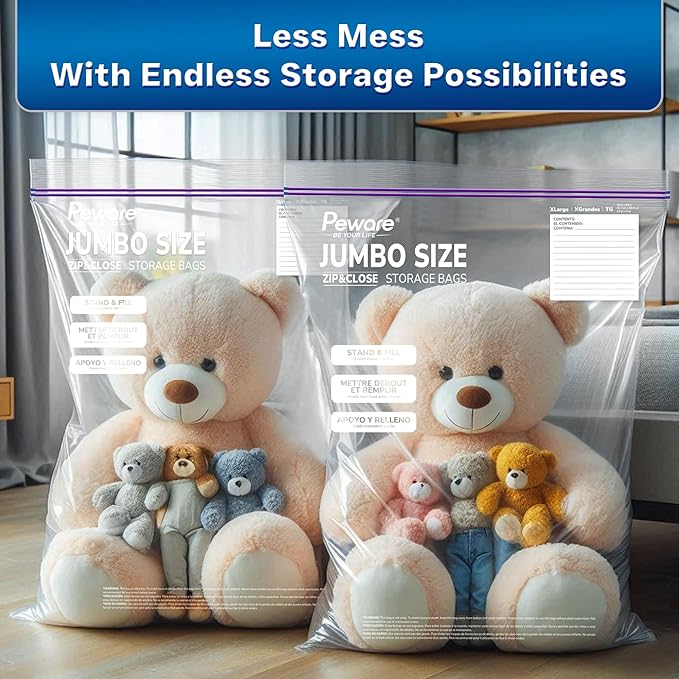 Large Storage Bags, 24"x32" Jumbo Plastic Bag, BPA Free, 20 Gallon 3X Zipper Lock Baggies for Clothes Pillow Travel Moving - 100 Mega Bags