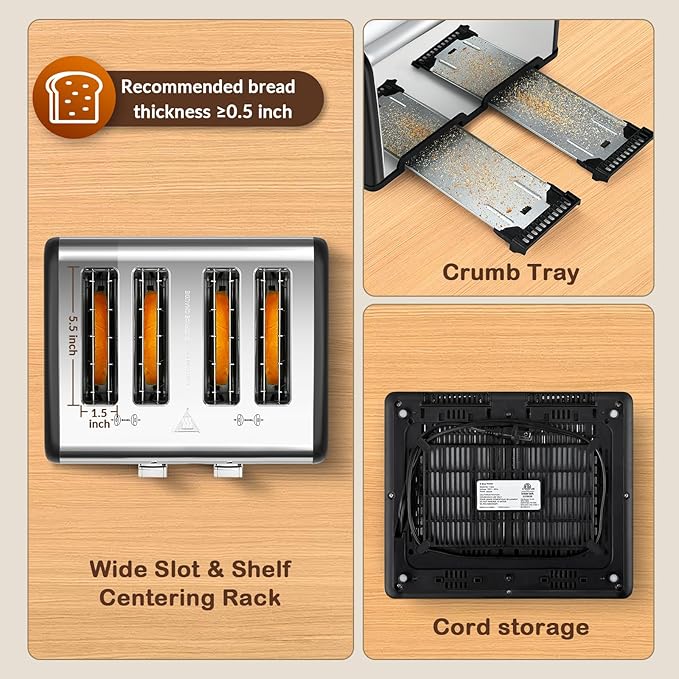 Mecity 4 Slice Toaster with Touch Screen Control, 4 Wide Slots, Stainless Steel Smart Bread Toaster for Bagels, Muffins, Waffles, Dual Control Panel, Timer, Defrost, Reheat, 120V 1650W, Matt Black