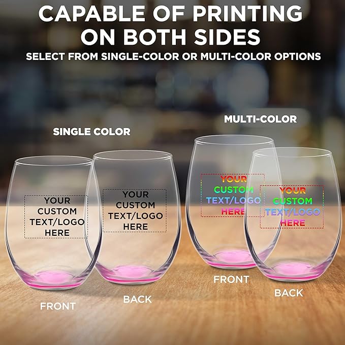Custom Stemless Wine Glasses in Bulk by ARC Perfection, 15 oz, 50 pack, Personalized Text, Logo, Red or White Wine Glass Set, Pink