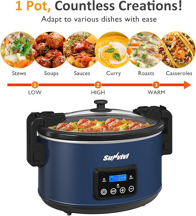 Sunvivi 8.5 Quart Programmable Slow Cooker: Multi-Cooker Food Warmer with Locking Lid & Digital Timer, Adjustable Tempature Control, Dishwasher Safe, Perfect for Families and Gatherings, Blue