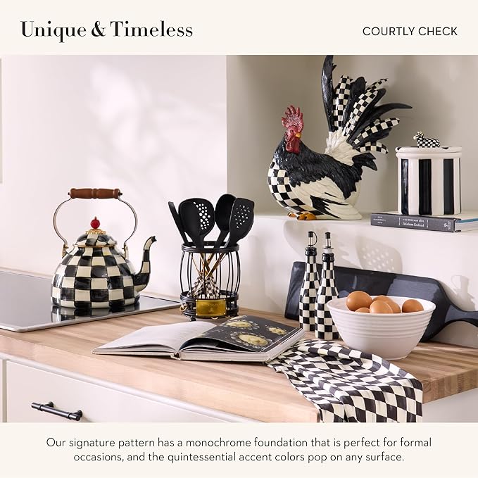 MACKENZIE-CHILDS Kitchen Pasta Spoon, Silicone Spaghetti Spoon, Black-and-White Courtly Check