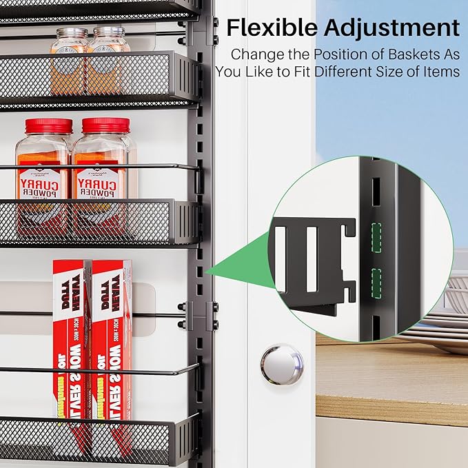 Over the Door Pantry Organizer - 8 Tier Adjustable Hanging Door Spice Rack, Large Capacity for Kitchen Pantry Storage (Black)