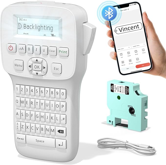 Label Maker Machine with-Tape, Handheld Rechargeable Label Maker with Keyboard, Simple Portable Labeler Machine with Backlit Screen, Labeling Machine for School Home Storage Office Organizing