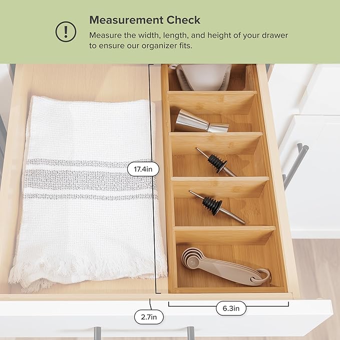 Premium Kitchen Utensils and Junk Drawer Organizer – Small 5-Compartment Design with 4 Removable Dividers, Non-Slip Feet, 100% Sustainable Bamboo