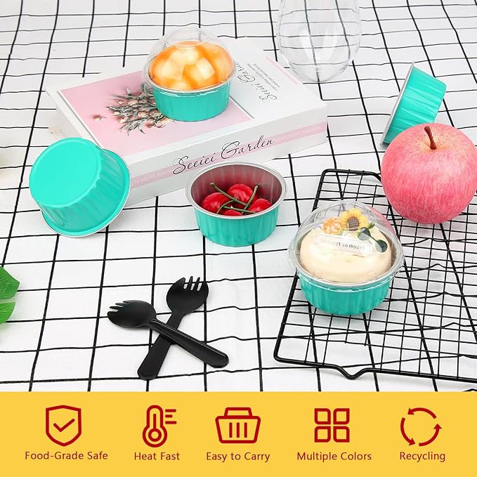 Cupcake Pans with Dome Lids 100 Pack,LNYZQUS 5oz Mini Aluminum Baking Pans Cupcake Cups Muffin Tin,Disposable Ramekins Mini Cake Pans Cupcake Containers Holders -Cyan Blue