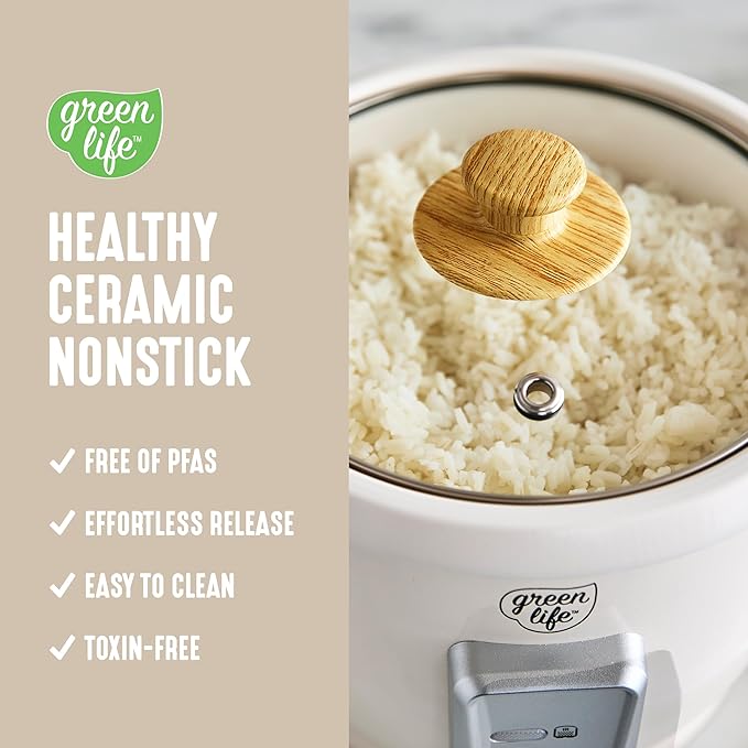 GreenLife Electric Rice Cooker, 3-Cups Uncooked/6-Cups Cooked, Removable PFAS-Free Nonstick Pot, One-Switch Design, Auto Keep Warm, Small Space Saving, Rice Paddle, Soup, Grains, Oatmeal, 1.5 QT, Cream