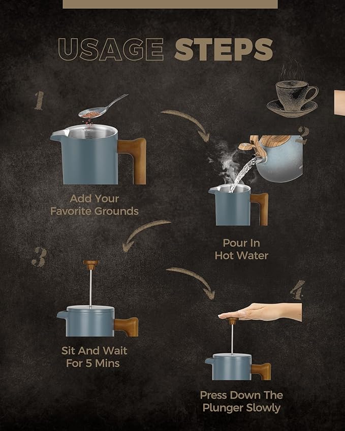 POLIVIAR French Press Coffee Maker, 34 oz Coffee Press with Real Wood Handle, Double Wall Insulation & Dual-Filter Screen, Food Grade Stainless Steel for Good Coffee and Tea (Alpline)