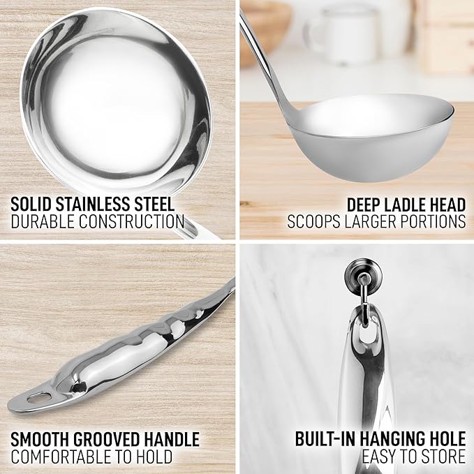 Zulay Kitchen Stainless Steel Cooking Utensil - Stainless Steel Kitchen Utensil, Durable Kitchen Gadgets, Metal Kitchen Accessories, Easy to Clean Kitchen Tools - 13 inch Soup Ladle