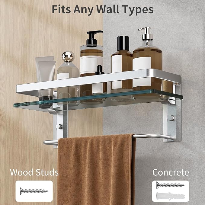 Danpoo Bathroom Wall Shelf with Towel Bar, Clear Tempered Glass, Hand Towel Holder (Matte Silver)