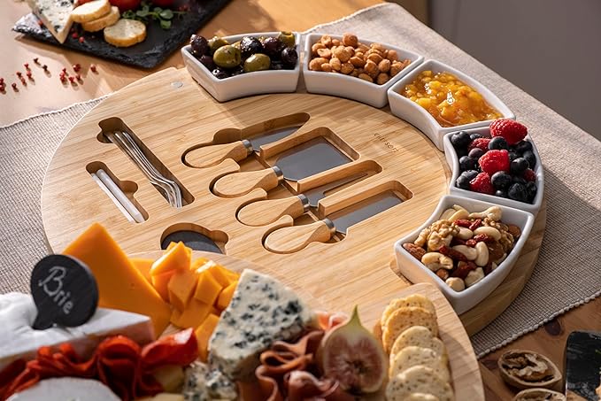 Charcuterie Cheese Board and Platter Set - Made from Bamboo Wood - US Patented 16 inch Cheese Cutting Board and Knife for Entertaining and Serving - 4 Knives - 5 Bowls - 2 Cheese Markers - 4 Forks