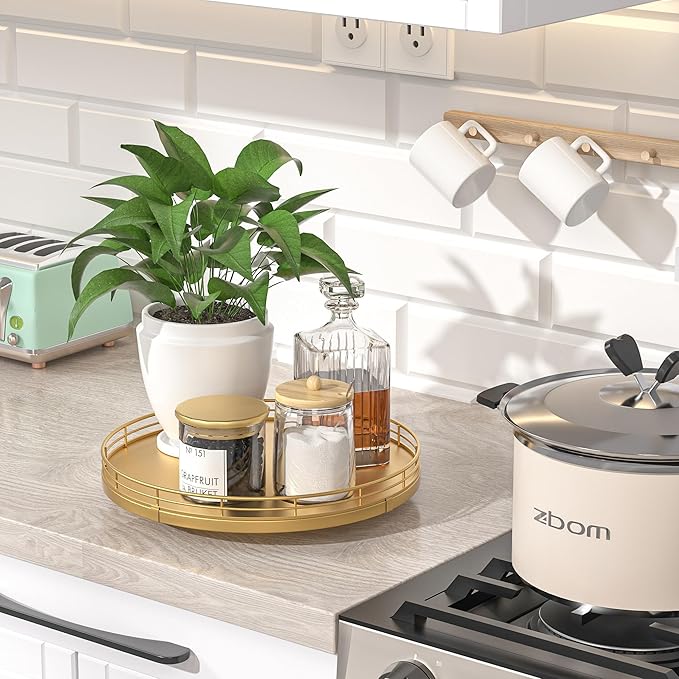 10" Gold Lazy Susan for Table Top, Oak Wood Lazy Susan Turntable Organizer for Dining Coffee Table Centerpiece Bar Decor Kitchen Countertop Bathroom Vanity Decorative Tray for Perfume Jewelry Round