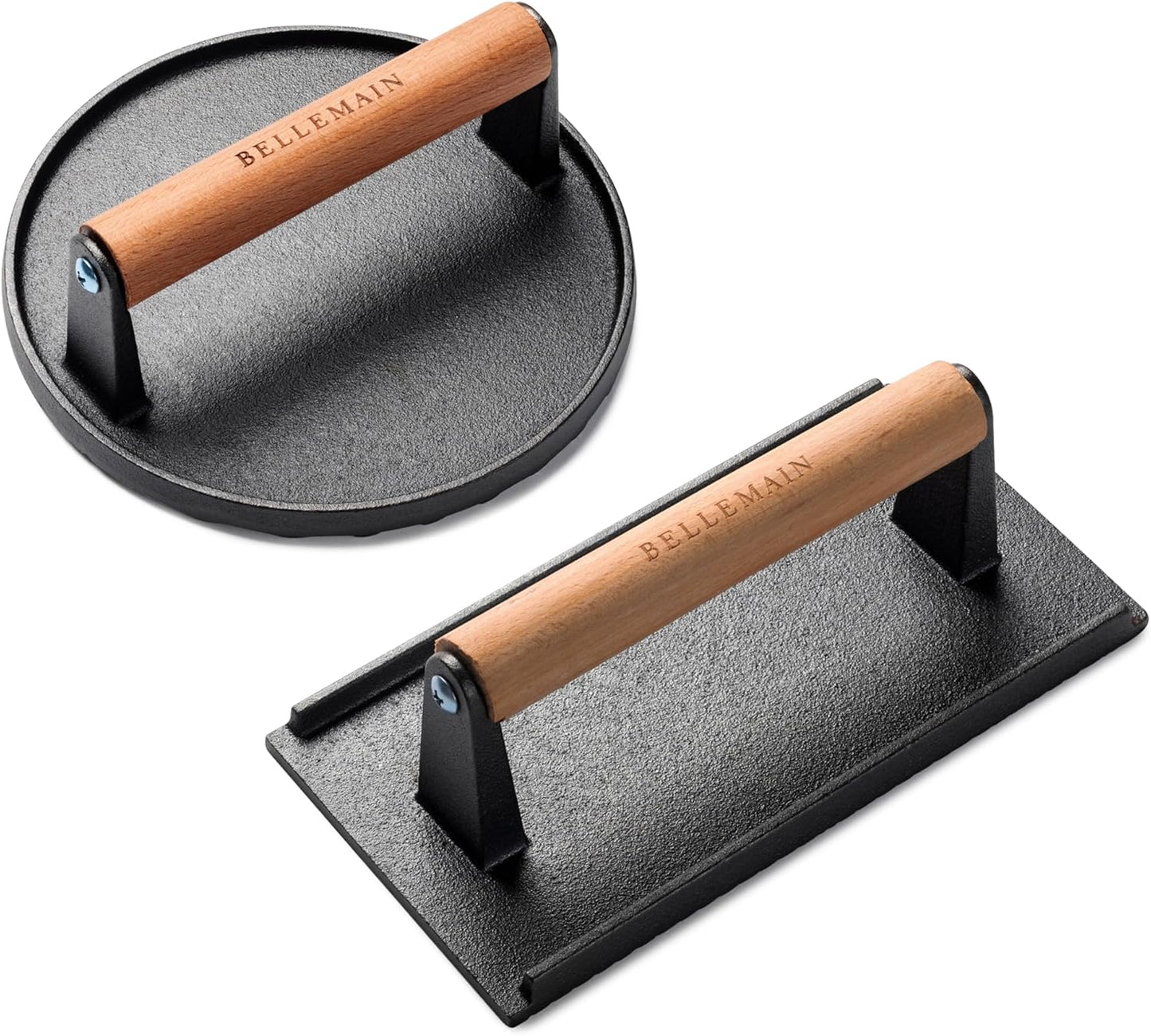 Bellemain Heavy-Duty Cast Iron Grill Press Set – Perfect Smash Burger Press & Steak Tool with Ergonomic Wood Handle for Pro-Level Searing on Griddle, Skillet, or BBQ