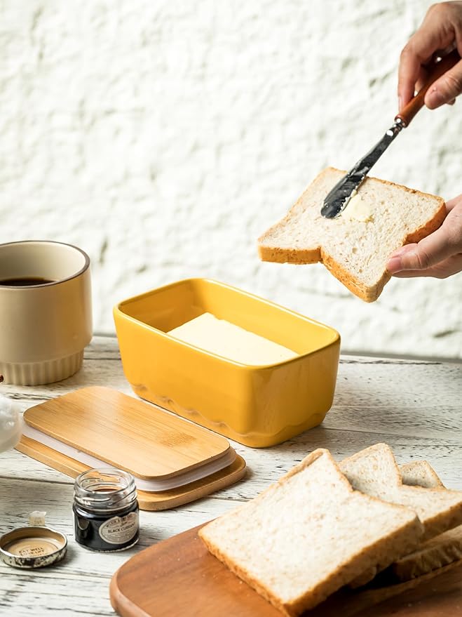 Covered Butter Dish with Lid, Large Butter Dishes for Countertop, Yellow Butter Holder with Airtight Seal Butter Container for East West Coast Butter, HoneyBee Table Decor
