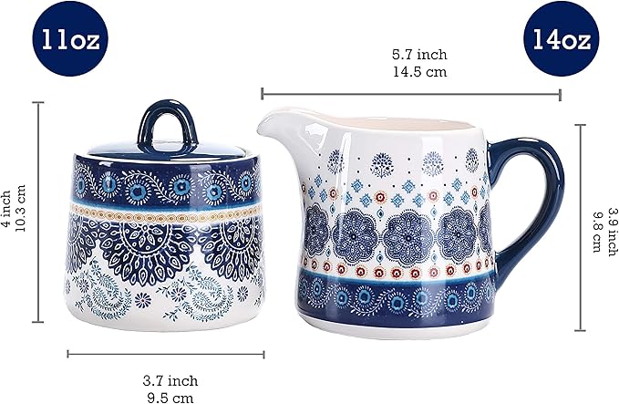 Bico Blue Talavera Ceramic Sugar and Creamer Set, Sugar Bowl with Lid, Cute Container for Coffee Bar, Kitchen Countertop Accessories, Microwave and Dishwasher Safe