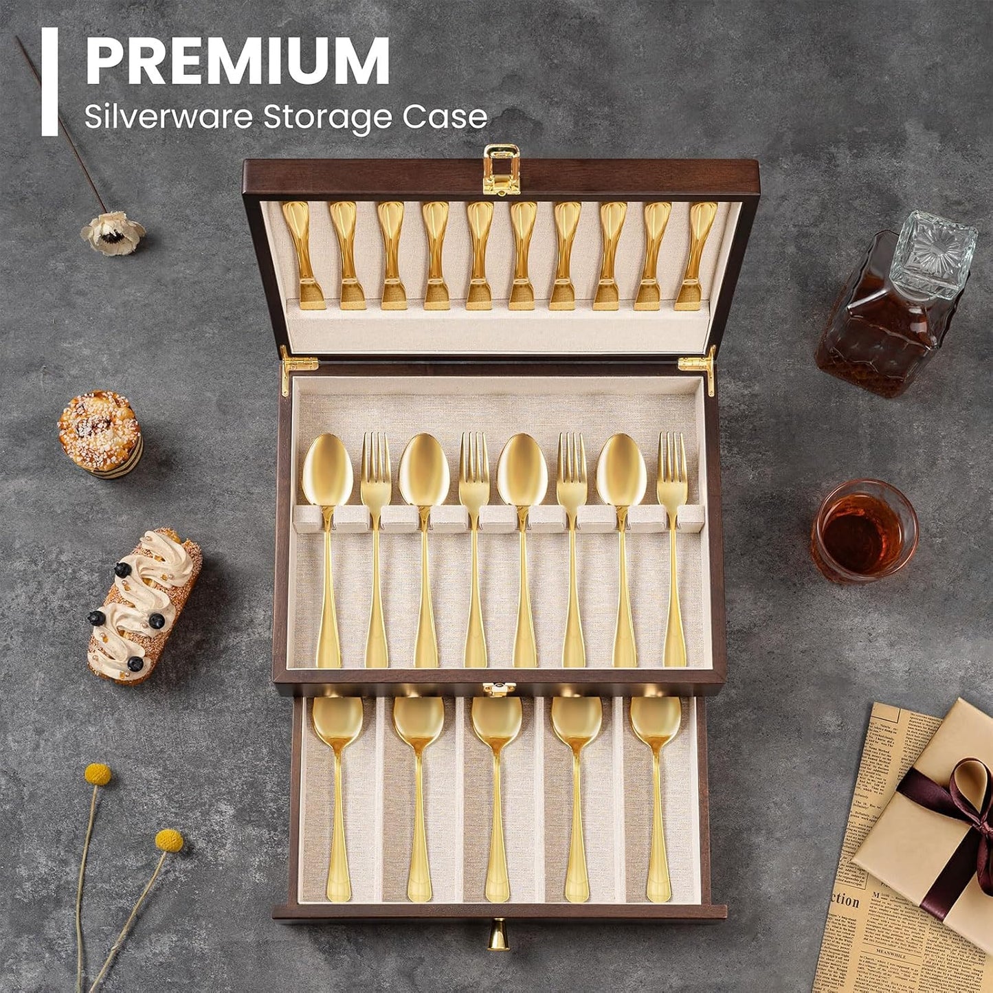 Silverware Storage Box, 2-Layer Flatware Storage Case with Drawer, Wooden Silverware Chest with Linen Liner, Rustic Silverware Case for Storing Fine Flatware and Utensils (Walnut)