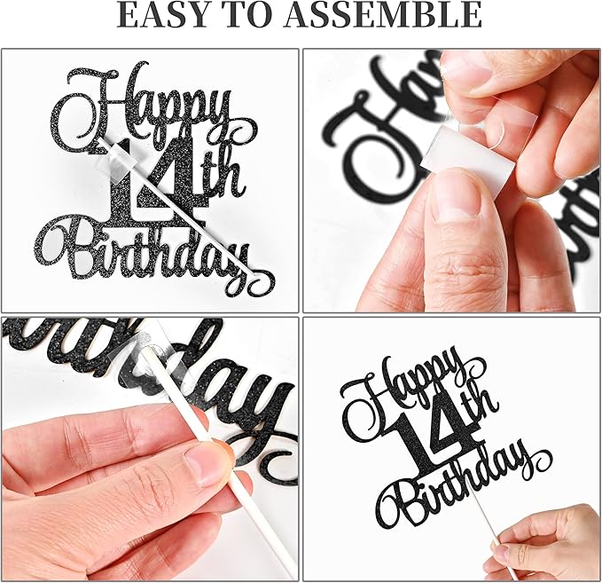 14th Birthday Cake Decorations, 14th Birthday Candles Cake Numeral Candles and Glitter Happy 14th Birthday Cake Toppers Set for Birthday Party Supplies (Black)