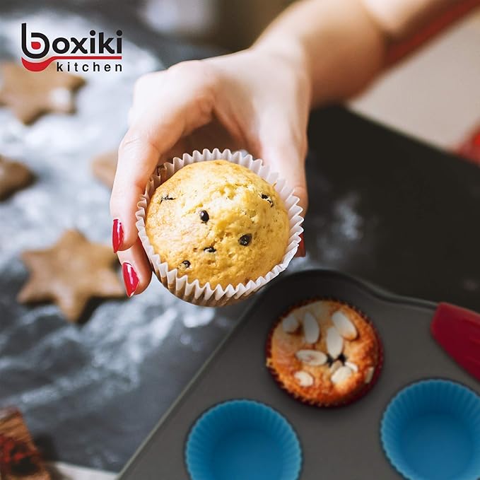 Boxiki Kitchen Non-Stick Steel 6 Cup Muffin Pan with Silicone Handles and Reusable Liners - Perfect for Baking Large Muffins and Cupcakes