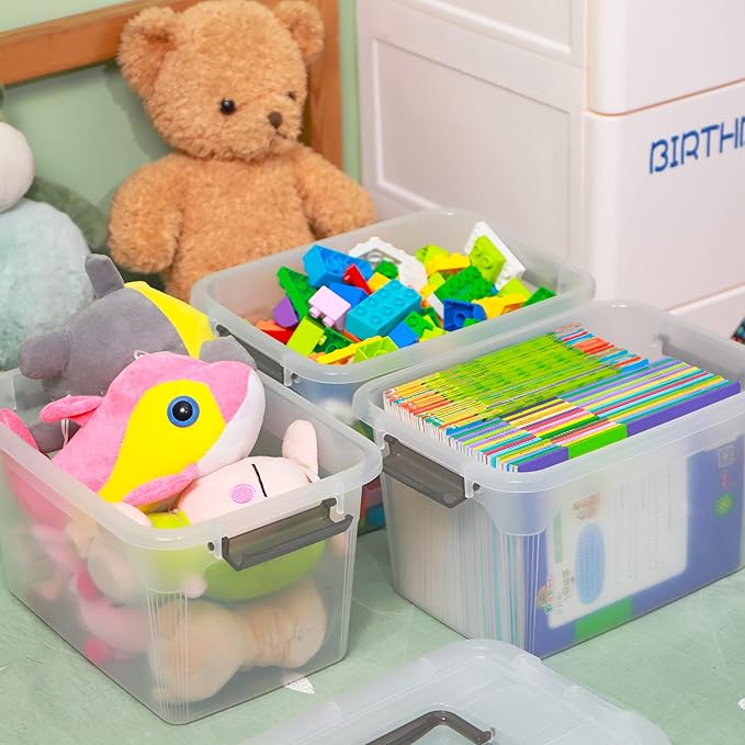 Citylife 6 Packs 8.5 QT Storage Bins with Lids Clear Plastic Bins with Grey Handle Stackable Storage Containers for Organizing