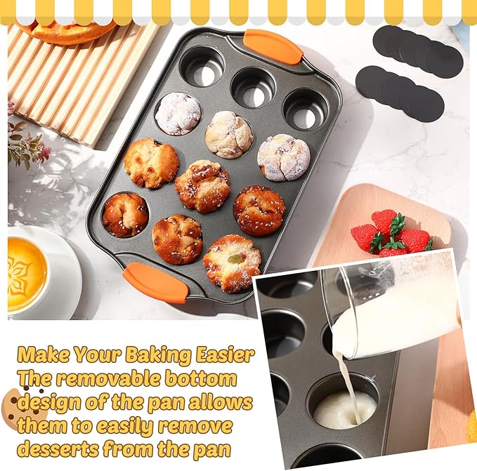 Uiifan 3 Pack Mini Cheesecake Pans Removable Bottom 12 Cavity Mini Cupcake Pan with Silicone Handle Nonslip Anti Heat Nonstick Carbon Steel Muffin Mold 13" x 8" Baking Molds(Orange)