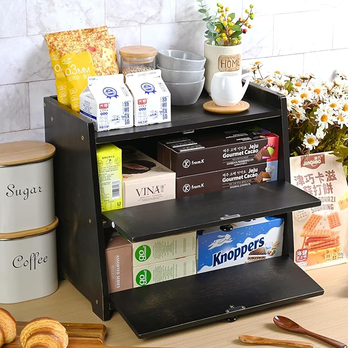 Ollieroo Vintage Double Layer Bread Box for Kitchen Countertop, Bamboo Bread Storage Container, Breadbox for Homemade Bread, Large Capacity Bread Bin(Black)