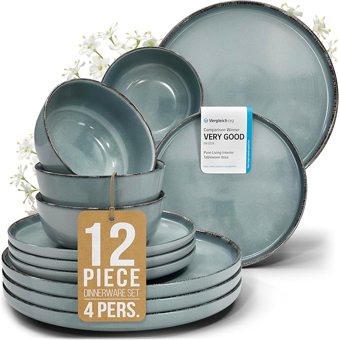 Stoneware dinnerware set 4 persons Rustic 12 pcs - Rustic design dinnerware set, dishwasher safe - Bowl and plate set - Pure Living dinnerware in smoky blue…