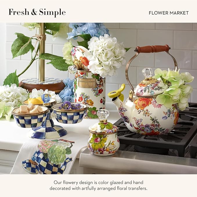 MACKENZIE-CHILDS Enamel Lidded Sugar Bowl, Small Serving Bowl with Lid, 10-Ounce Capacity, White Flower Market