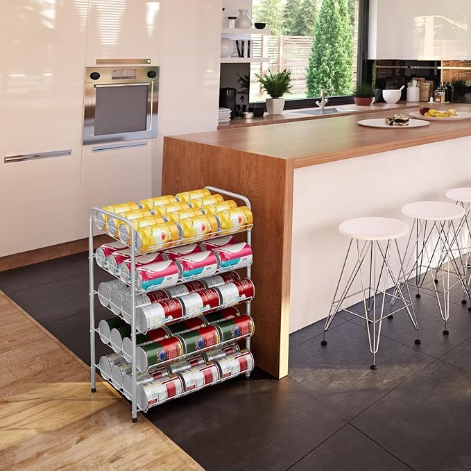 Vrisa Can Organizer for Pantry 5 Tier Canned Food Organizer Can Storage Rack Holds Up to 60 Cans Rolling Soda Soup Vegetable Can Goods Dispenser Shelf for Kitchen Pantry Cabinet, Silver